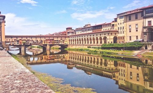 Bridge over river with buildings in background