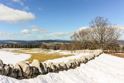 Stone wall and remnants of snow in the swiss jura