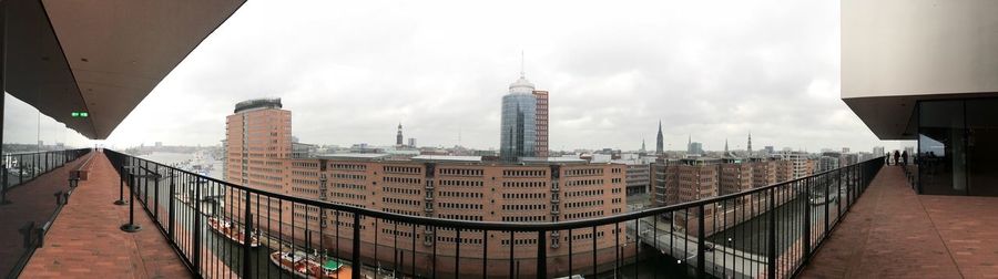 Panoramic view of buildings against cloudy sky