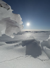 Snow covered land against sky during winter