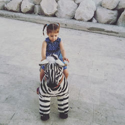 High angle view of girl sitting on toy zebra on footpath