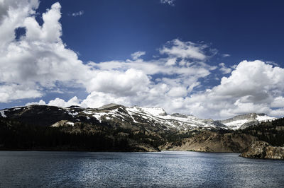 Scenic view of lake by snowcapped mountains against sky