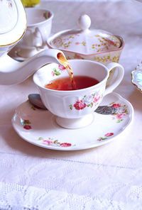 High angle view of tea cup on table