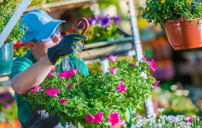 Man with flower pot working in greenhouse