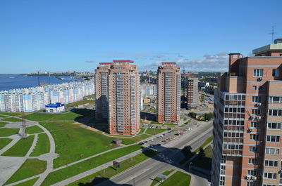 High angle view of buildings against sky