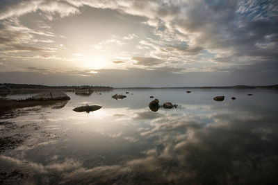 Scenic view of lake against sky during sunset