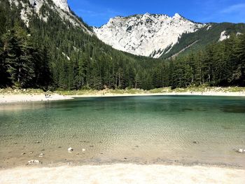 Scenic view of lake by mountains against sky