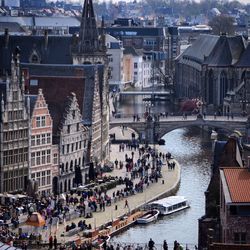 High angle view of bridge amidst buildings in city