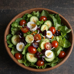 High angle view of salad in bowl on table