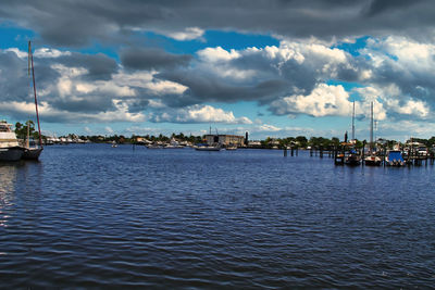 Sailboats in sea against sky