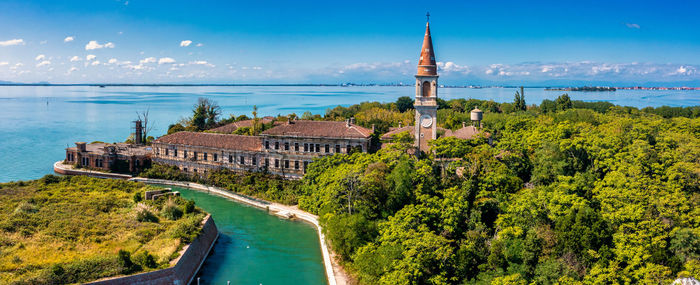 Aerial view of the plagued ghost island of poveglia in venice