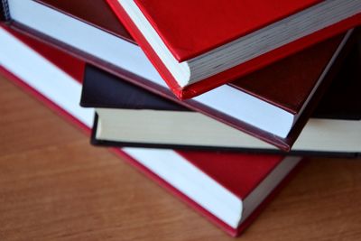 High angle view of books on table