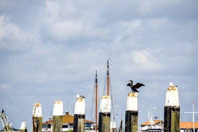 Low angle view of birds perching on crane against sky