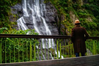 Rear view of man standing against waterfall