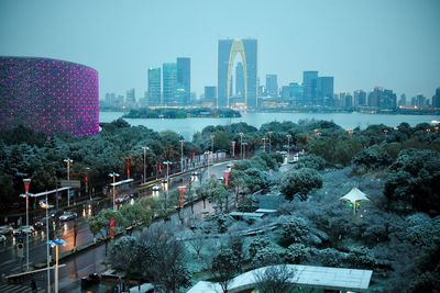 Panoramic view of city buildings against clear sky
