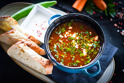 High angle view of soup in bowl on table