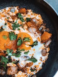 High angle view of food in cooking pan