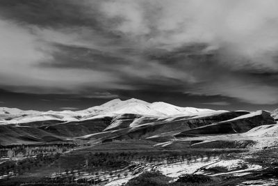 Scenic view of snow covered mountains against sky