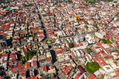 High angle view of townscape and houses in city