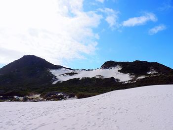 Scenic view of mountains against cloudy sky