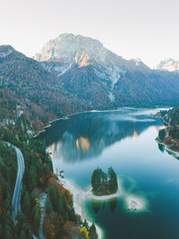 High angle view of lake against mountains