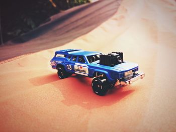 High angle view of toy car on table