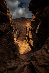 Low angle view of rock formations against cloudy sky