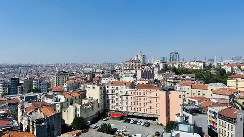 High angle view of cityscape against clear sky