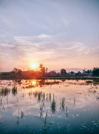 Scenic view of lake against sky at sunset