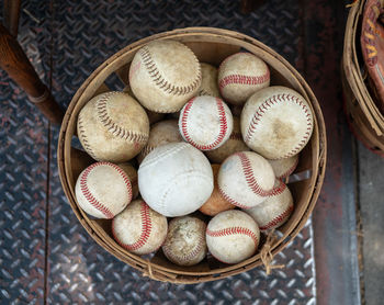 High angle view of balls in basket on table