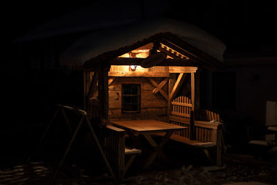 Abandoned wooden structure at night