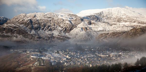 Aerial view of snowcapped mountains against sky