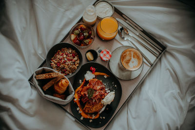 High angle view of breakfast on table