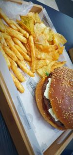 High angle view of food served on table