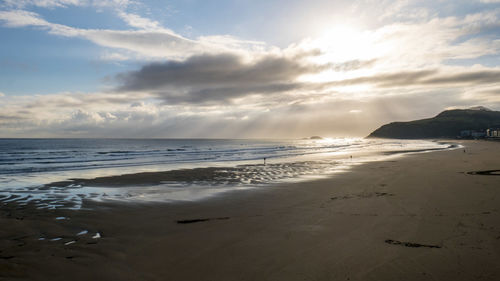 Scenic view of beach against sky during sunset