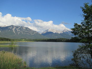 Scenic view of lake against cloudy sky