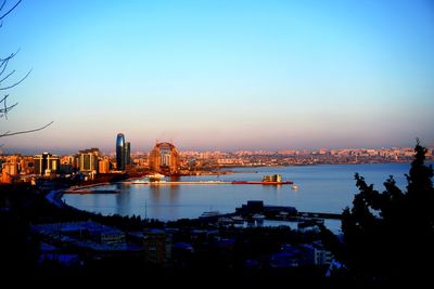 City at waterfront during sunset