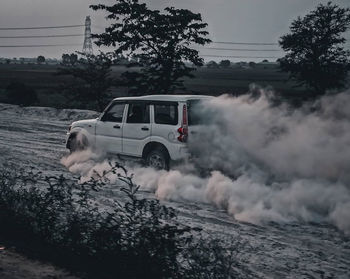 Car on road by trees against sky