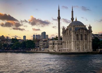 View of buildings in city at sunset