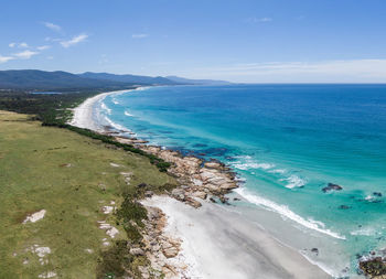 Aerial view of denison beach nortnh of bicheno, east coast of tasmania, australia on a sunny day