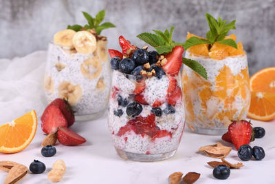 This chia pudding is made with greek yogurt and pieces of fruit and honey. is deliciously creamy