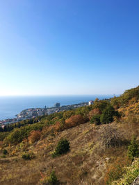 Scenic view of sea against clear blue sky