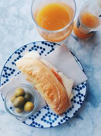 High angle view of breakfast served on table