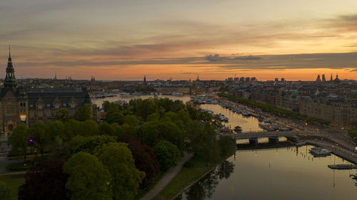 Aerial view over royal park and canal in stockholm