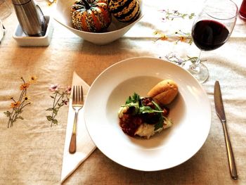 Close-up of food served on table