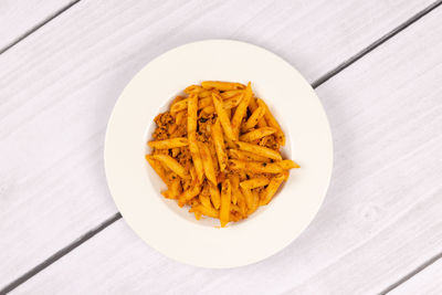 High angle view of food in plate on table