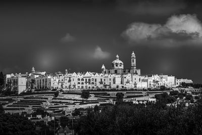 Buildings in city against cloudy sky