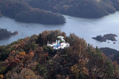 High angle view of lake and mountains