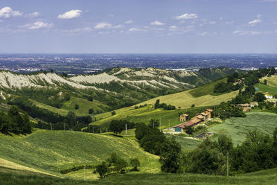 Scenic view of landscape and sea against sky