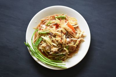 High angle view of rice in bowl on table